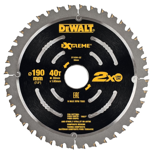 DEWALT DT4394 Extreme circular saw blade, 190mm diameter, 40 teeth, for cutting composite decking.