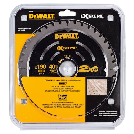 DEWALT DT4394 Extreme saw blade for composite decking, 190mm, 40 teeth, in retail packaging.
