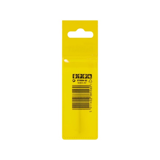 Rear view of a yellow DEWALT DT4504 product packaging featuring a barcode and safety symbols.