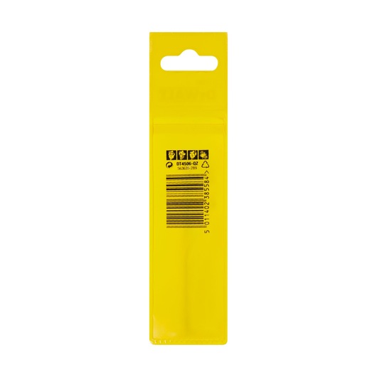 Back view of DEWALT DT4506 product packaging. The packaging is yellow with a barcode, recycling symbol, safety icons, and text references. The top has a hanging hole for retail display.