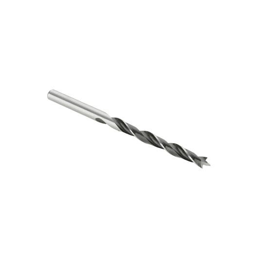Steel drill bit with pointed tip and spiral flutes on a white background.