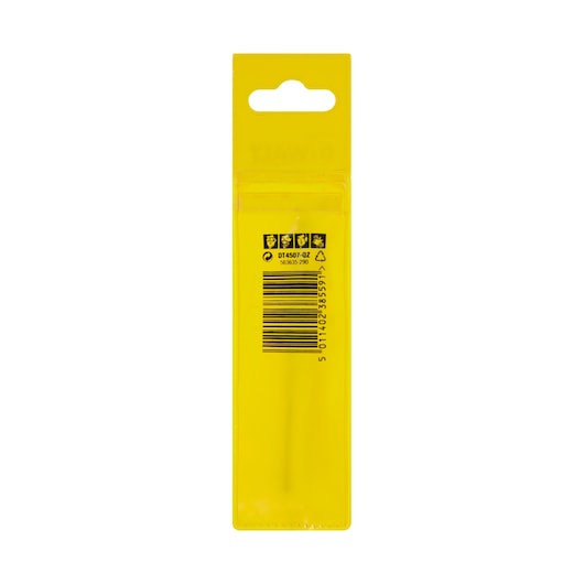 Back view of DEWALT DT4507 drill bit packaging in yellow with barcode and safety icons visible.