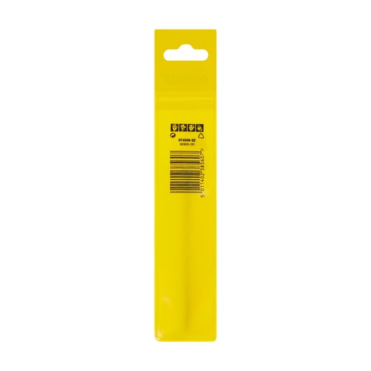 Back view of a DEWALT DT4508 product package, predominantly yellow in color, with a barcode, recycling symbol, and safety icons visible on the upper section of the packaging.