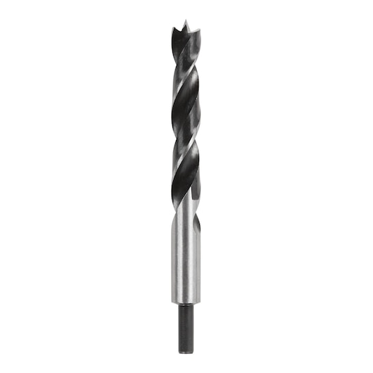 A close-up image of a DEWALT wood drill bit with a silver shaft and black spiral flutes, shown against a white background.