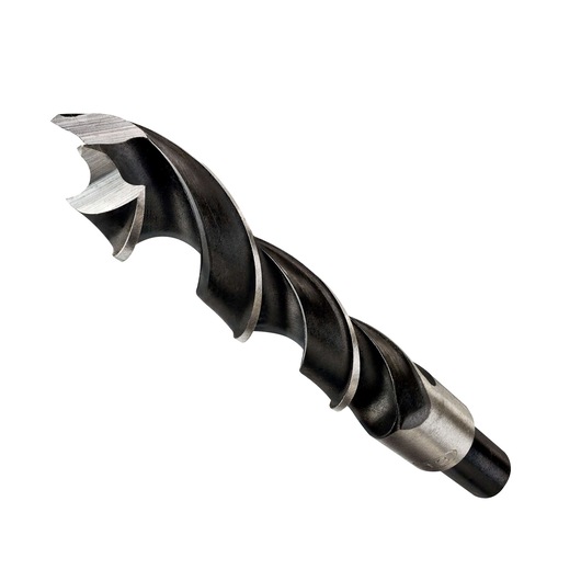 Close-up view of a DEWALT auger drill bit with a spiral flute design, used for drilling into wood.