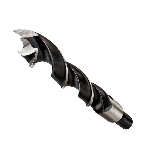 A close-up view of a DEWALT DT4520 auger drill bit, featuring a spiral design with a sharp cutting tip, used for drilling holes in wood.