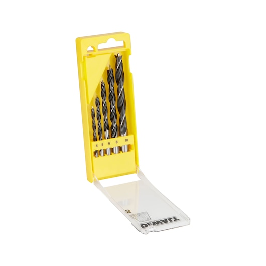 Yellow DEWALT drill bit set with five bits in sizes 4, 5, 6, 8, and 10mm, shown in an open plastic case.