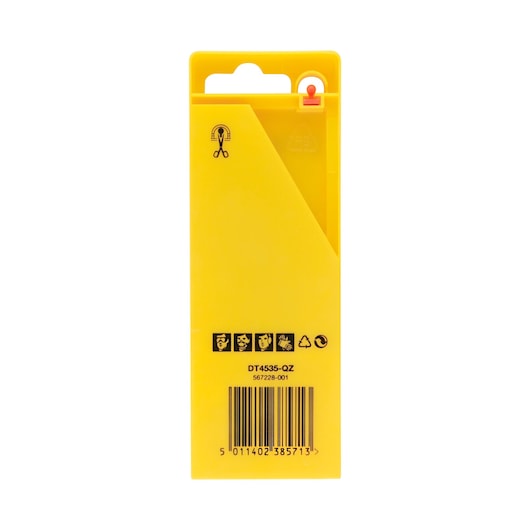 Yellow DEWALT DT4535 packaging with barcode, safety icons, recycling symbols and hanger slot on top.