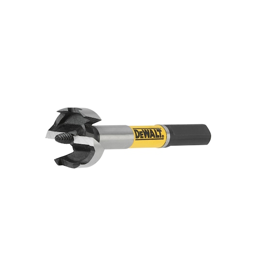 A DEWALT branded drill bit with a hex shank, designed for woodworking, shown on a white background.