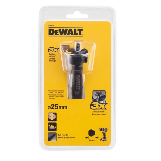 DEWALT DT4575 self-feed bit, 25mm diameter, packaged in a clear plastic blister pack with yellow backing. The packaging highlights features such as 3x cutting surface, suitable for wood, and usage with drills.