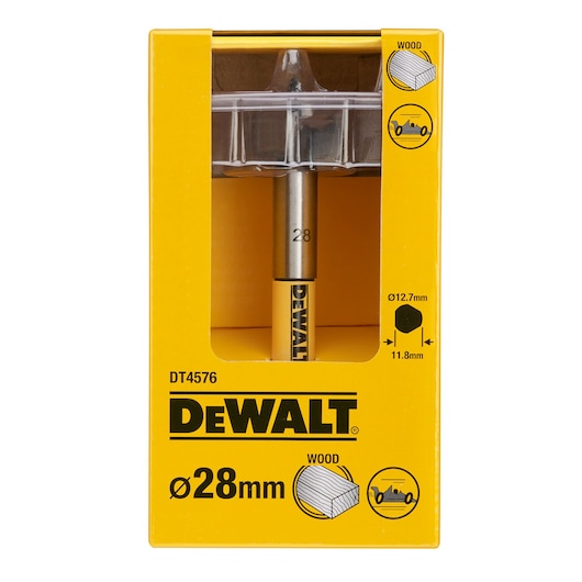 DEWALT DT4576 wood drill bit, 28mm diameter, packaged in a yellow box with product information and icons indicating use for wood.