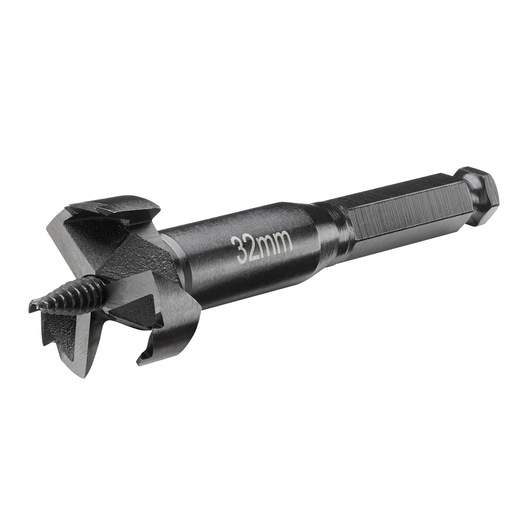 A close-up image of a DEWALT wood drill bit with a hex shank and 32mm size marking, designed for woodworking.