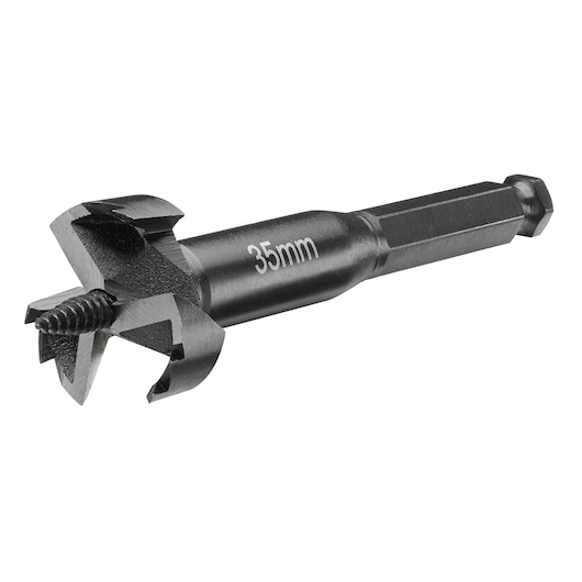 35mm DEWALT drill bit with hex shank and cutting tip, used for woodworking and precision drilling.