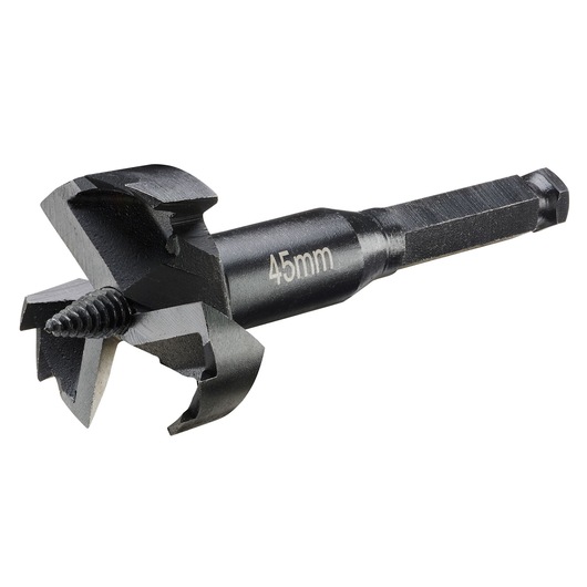 Close-up image of a DEWALT 45mm wood drill bit with a hex shank and sharp cutting edges.