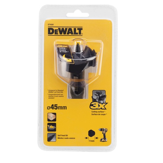 DEWALT Self Feed Bit, model DT4581, packaged in clear plastic with yellow backing. The bit is 45mm in diameter and is designed for drilling. Information on the packaging highlights its 3 times greater cutting surface compared to standard DEWALT self feed bits.
