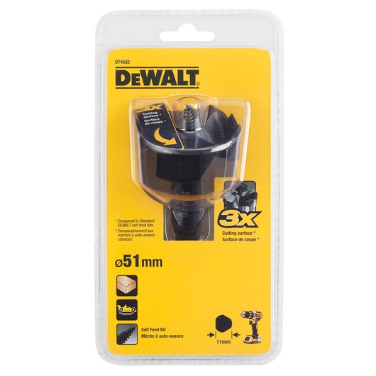 Packaged DEWALT self feed bit, model DT4582, with a diameter of 51mm, shown in yellow and black packaging. Features include '3X cutting surface' and suitability for wood drilling, compatible with power drills.