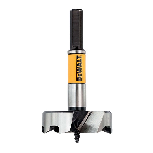 A close-up of a DEWALT brand wood drill bit with a yellow and black label, featuring a threaded tip and sharp cutting edges, designed for use with power drills.