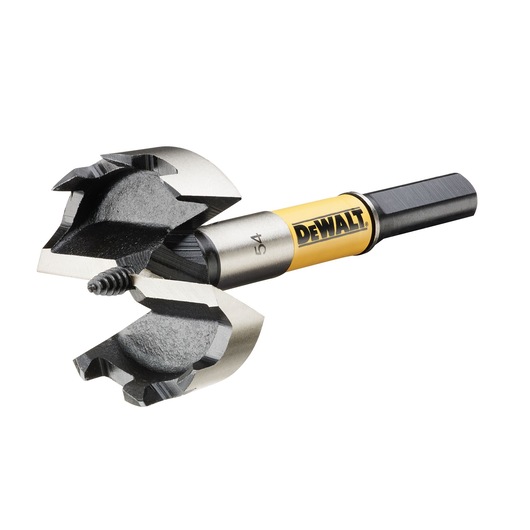 A close-up view of a DEWALT branded wood drill bit with sharp cutting edges, a screw tip, and a hexagonal shank.