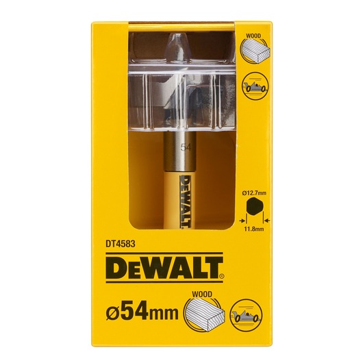 Front view of a DEWALT DT4583 woodworking drill bit in its yellow packaging. The package displays the DEWALT logo, product code DT4583, wood usage icon, size 54mm, and shank measurements (12.7mm diameter, 11.8mm width).