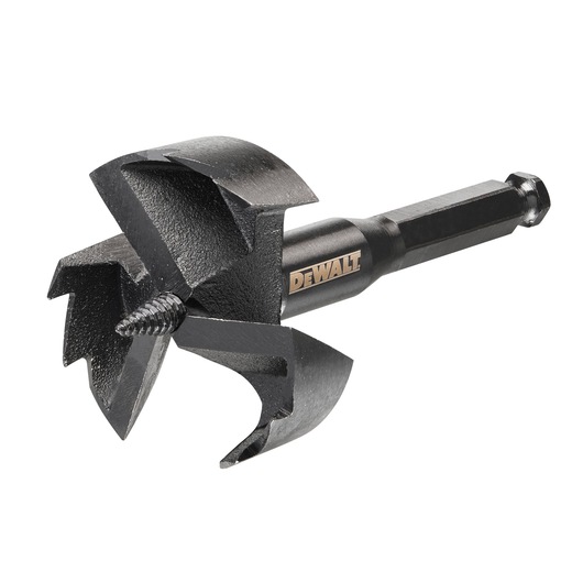 A DEWALT branded large wood boring drill bit with a hex shank and sharp, multi-bladed cutting edges, photographed on a white background.