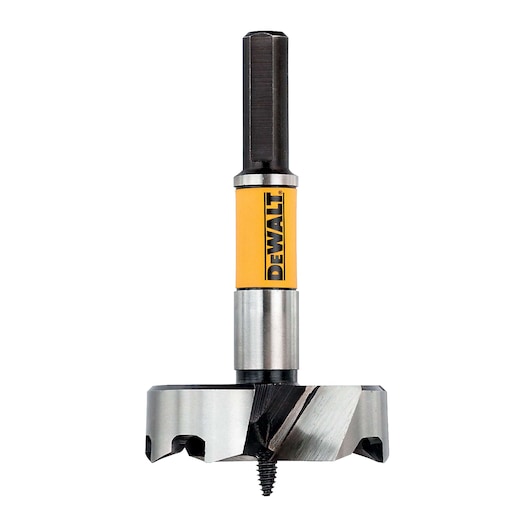 DEWALT DT4586 hole saw drill bit for woodworking, shown with sharp blade and yellow branded label.