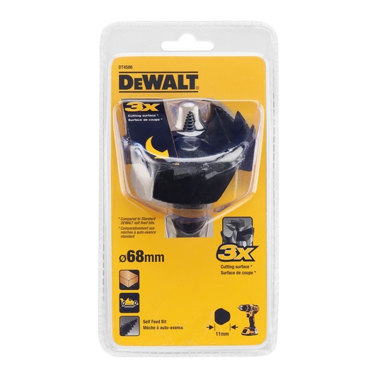 DEWALT DT4586 self feed bit in retail packaging. The front of the pack is yellow with black and white text, indicating a 68mm diameter, triple cutting surface, and an image of the self feed bit. The packaging also shows symbols for wood cutting and power tools.
