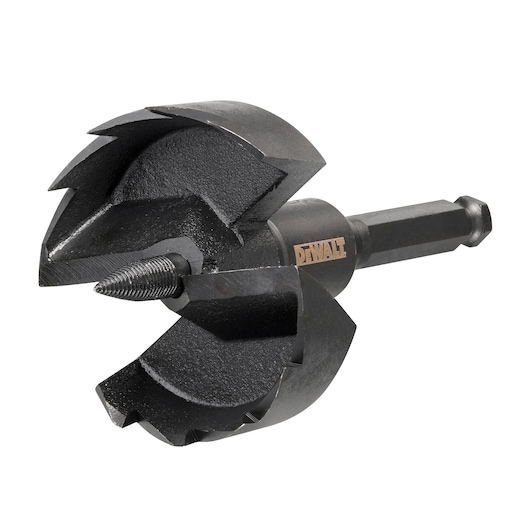 Close-up image of a DEWALT DT4587 heavy-duty wood drill bit with a sharp threaded tip and multiple cutting blades, designed for use with power tools.