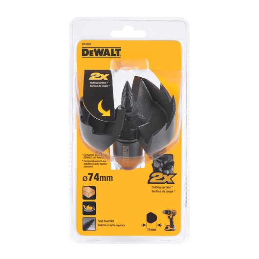 Packaged DEWALT self-feed bit, model DT4587, with a diameter of 74mm. The product is displayed in its plastic packaging with yellow and black label, showing the tool with sharp cutting edges. The packaging highlights features such as '2x cutting surface' and provides icons for intended use with wood materials and compatible drills.