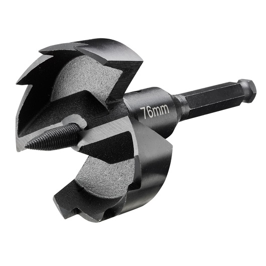 Close-up of a DEWALT 76mm hole drill bit with hex shank and sharp cutting edges.