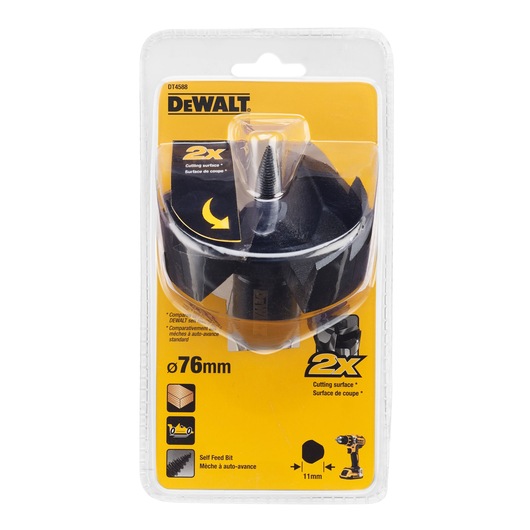 Packaged DEWALT self feed bit DT4588, 76mm diameter, used for drilling in wood. The product packaging is yellow and black with DEWALT branding and highlights double cutting surface performance.