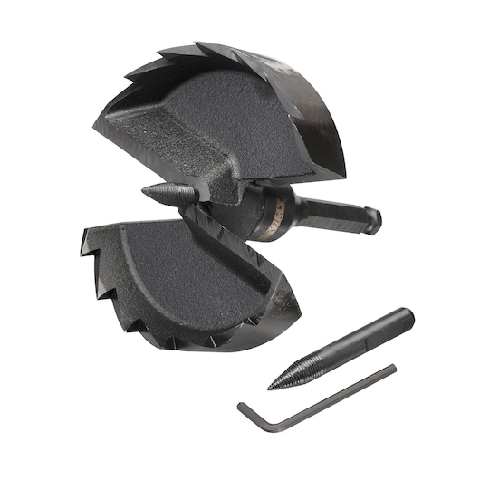 A DEWALT DT4590 ground auger bit set, featuring a large, heavy-duty auger bit with cutting edges, a pointed center bit, an additional pointed tool, and a hex key. All items are displayed on a white background.