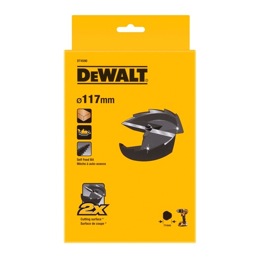 Front view of DEWALT DT4590 packaging for a self-feed bit with 117mm diameter. The yellow box features product illustrations, icons indicating compatibility with wood and power tools, and information highlighting double cutting surface.