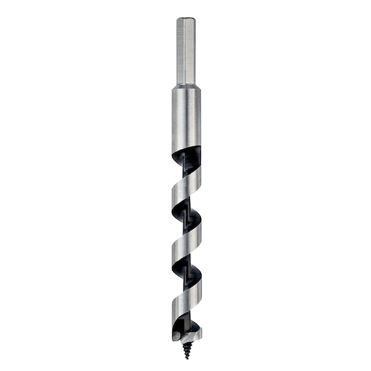 A DEWALT auger drill bit with a hex shank and spiral flute, designed for wood drilling. The drill bit is made of metal and features a threaded tip for easy starting.