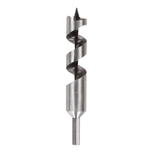 A close-up image of a DEWALT auger drill bit with a screw tip, designed for drilling clean holes in wood. The drill bit is metallic with a spiral flute and a hex shank, shown on a white background.