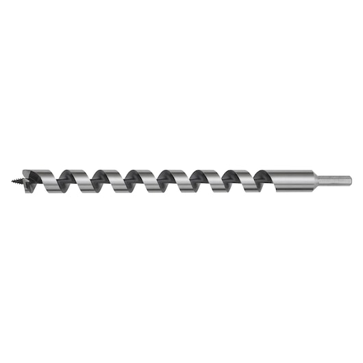 Metal auger drill bit with spiral design and pointed tip for drilling, shown on a white background.