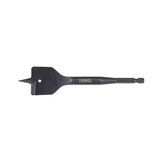 A flat wood drill bit with a hex shank, black finish, and DEWALT branding in the center, isolated on a white background.