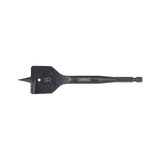 Flat wood drill bit with a sharp point and hex shank, branded DEWALT, marked with the number 35.