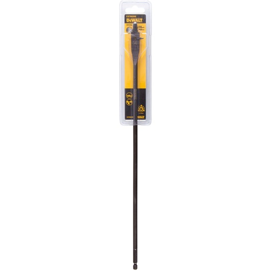 A DEWALT Extreme 14mm long flat wood drill bit in its original plastic packaging, with a black and yellow label.