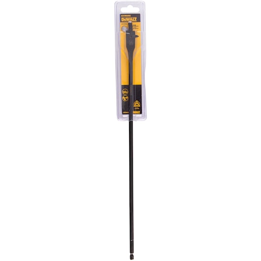 DEWALT DT4784 long spade drill bit in blister pack, black with yellow label, suitable for woodworking.