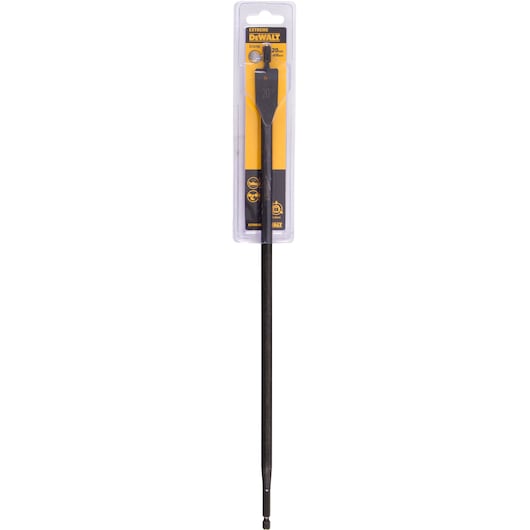 DEWALT DT4785 long flat wood drill bit in retail packaging, black and yellow design, 20mm size.