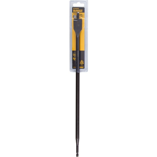 DEWALT DT4787 flat wood drill bit in packaging, long shaft, black and yellow, suitable for woodworking tasks.