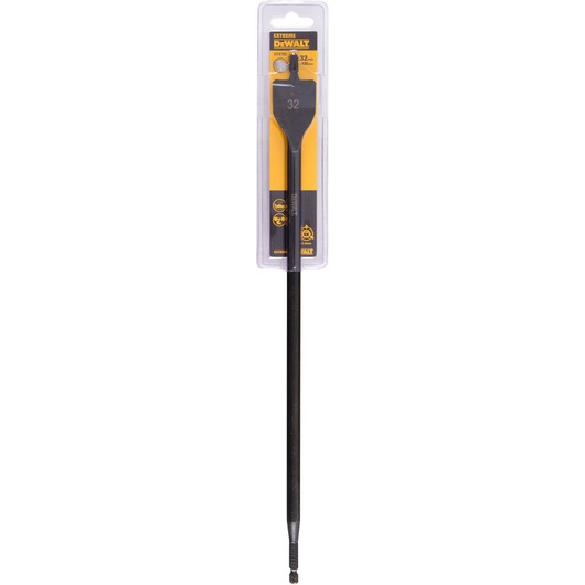 A DEWALT DT4792 Extreme flat wood drill bit, 32mm size, shown in its retail packaging. The bit has a long shaft and is designed for woodworking.