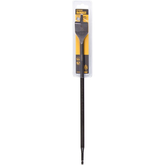 DEWALT DT4793 flat wood drill bit in packaging, 35mm size, with long black shaft for woodworking applications.