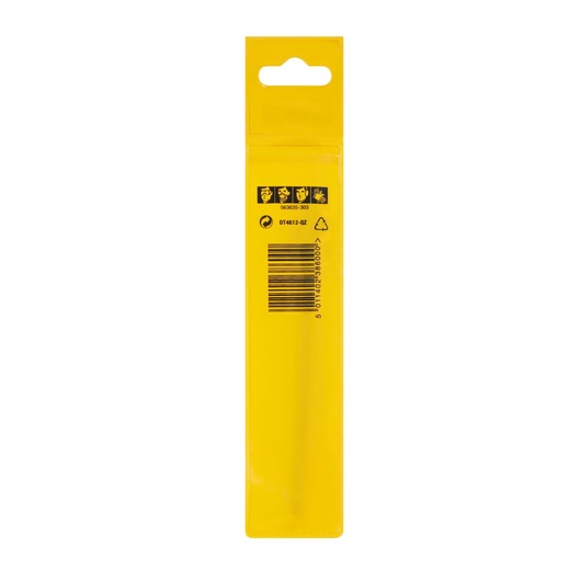 Back view of a DEWALT DT4812 drill bit in yellow retail packaging, featuring a barcode, recycling symbol, product code, and safety icons at the top.