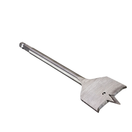 Flat wood drill bit with sharp tip, suitable for boring large holes in wood and construction materials.