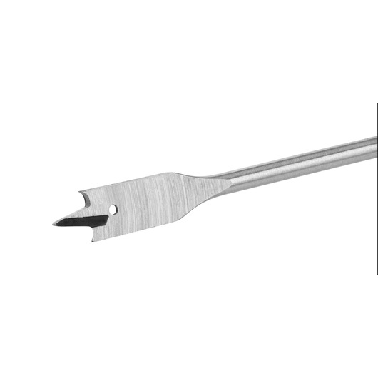 A close-up view of a flat wood drill bit with a pointed tip and a hole near the edge, designed for drilling into wood.