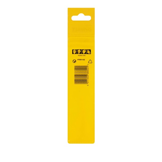 Back view of yellow DEWALT DT4814 packaging with barcode, recycling symbol, and safety icons.