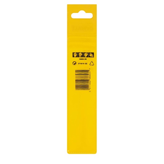 Back view of a yellow DEWALT product packaging for DT4816, showing safety icons, barcode, and recycling symbols.
