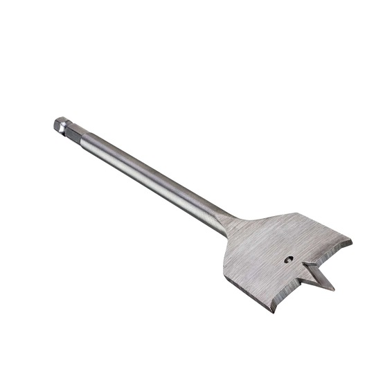 Flat metal drill bit with pointed tip and hex shank, used for woodworking and making wide holes.