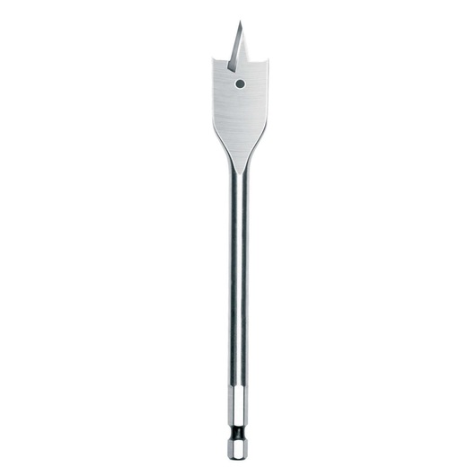 A DEWALT flat wood drill bit with a hex shank, designed for drilling holes in wood. The bit is metallic and has a sharp pointed tip for precision.